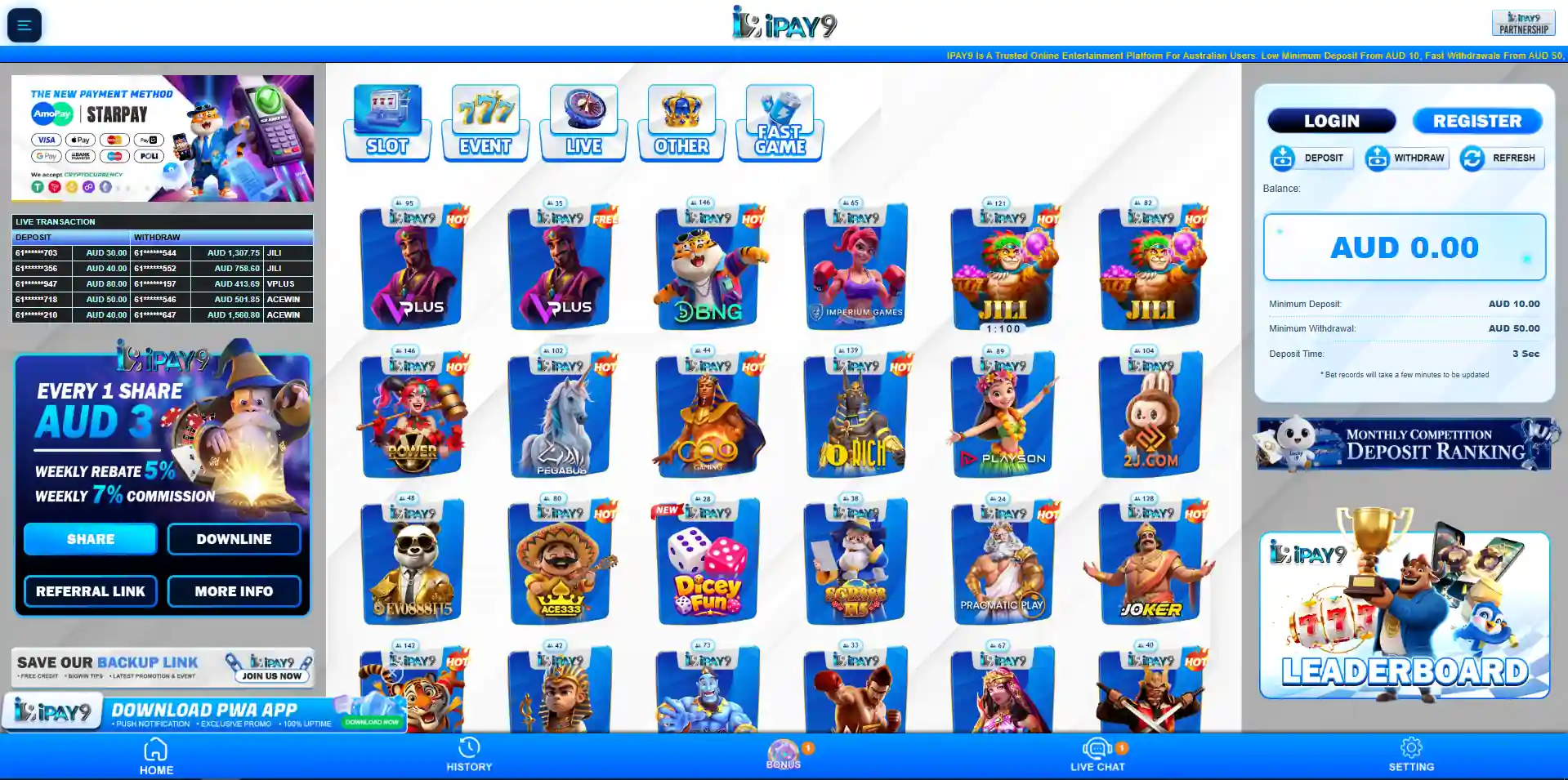 Current iPAY9 Australia-facing homepage and game navigation